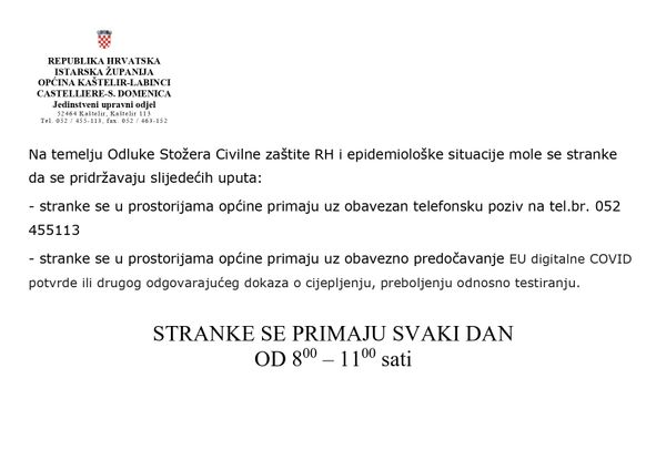 OBAVIJEST O PRIMANJU STRANAKA U JEDINSTVENOM UPRAVNOM ODJELU OPĆINE KAŠTELIR-LABINCI